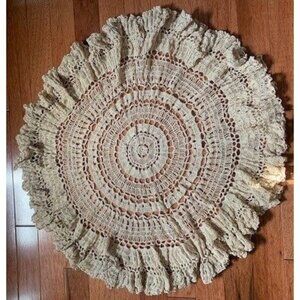 Vintage Ruffled Crocheted Doily 23" Creamy Handmade Lace Accent Home Decor